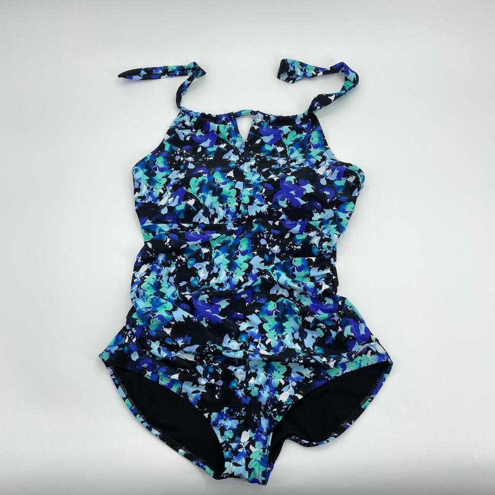 SPEEDO Swimsuit High Neck Halter Open Back 1 Piece Floral Womens XL